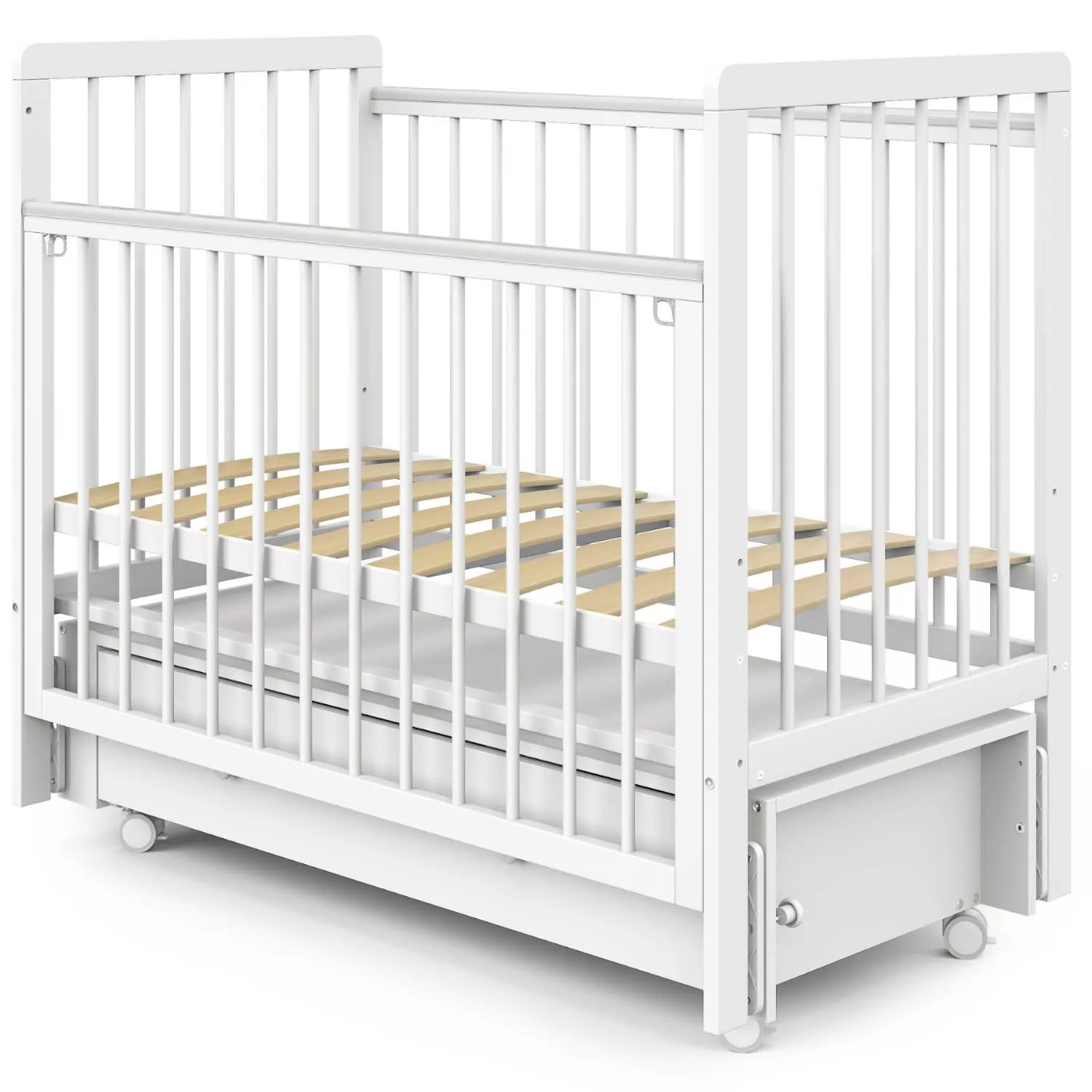 Кровать детская Indigo Vista, продольный маятник, ящик, белая аляска