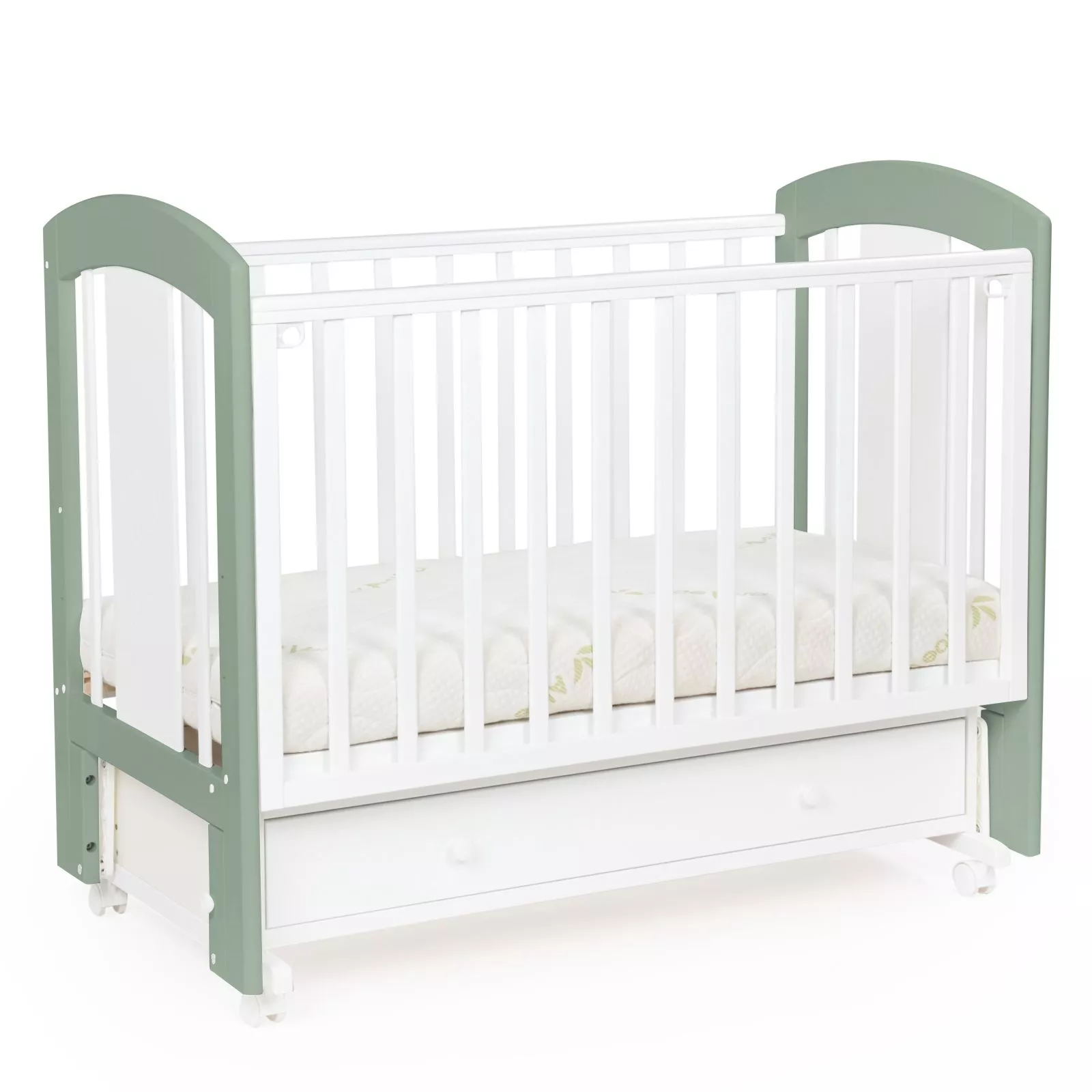 Кровать детская Bebizaro Regency Teddy маятник универсальный с ящиком, White/olive